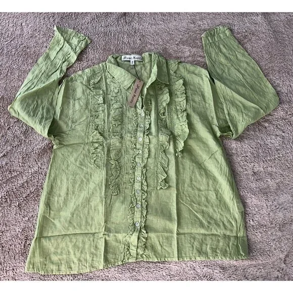 JP And Mattie Women’s Blanchard Ruffle Button Down Blouse Green Sz S New - Picture 5 of 13